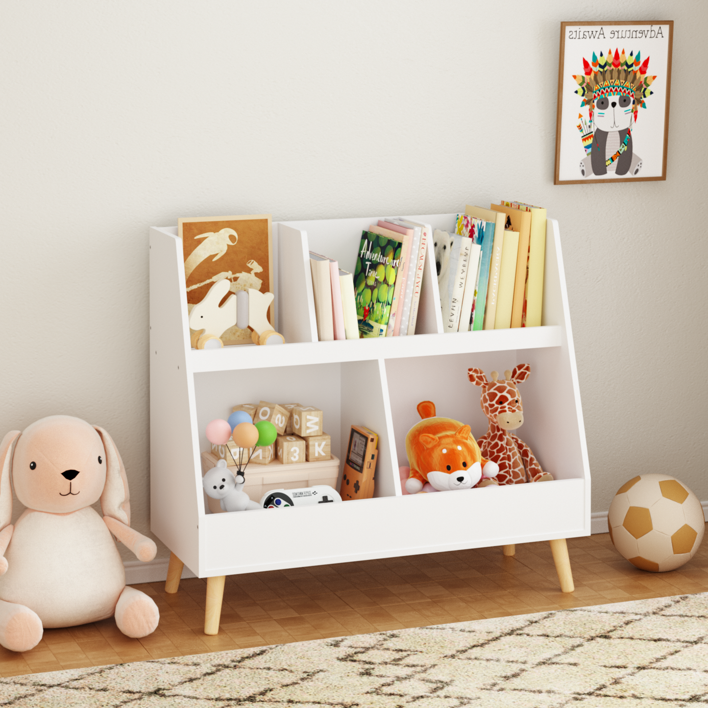 White modern childrens bookshelf with angled shelves