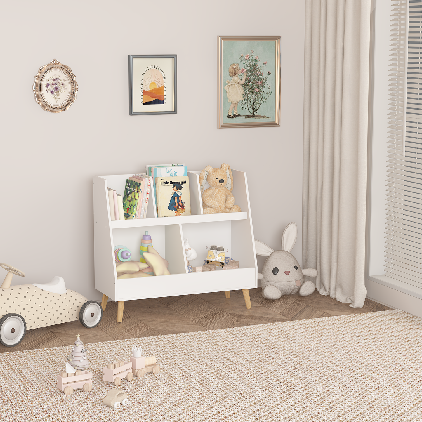 White wooden kids bookshelf filled with books and plush toys