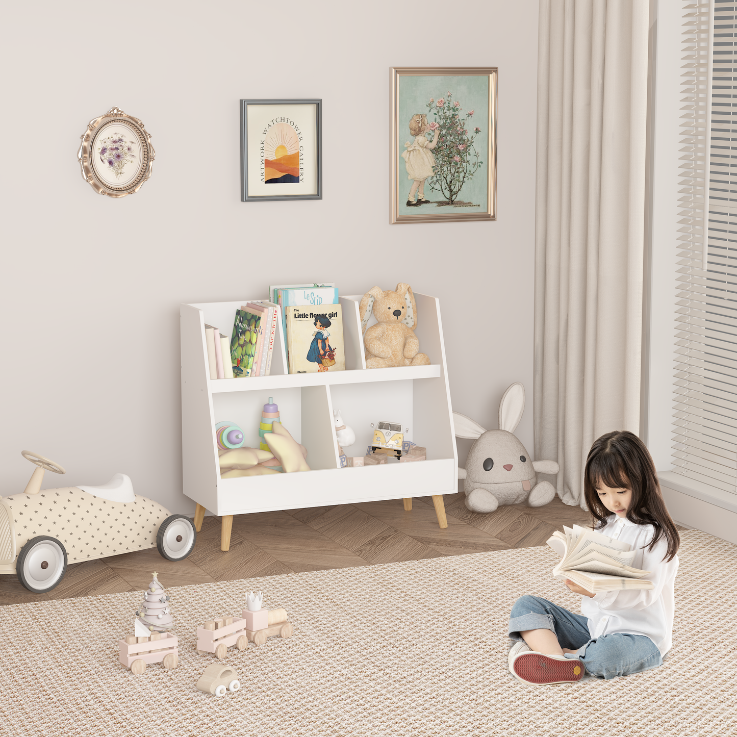 White wooden kids bookshelf filled with toys and books