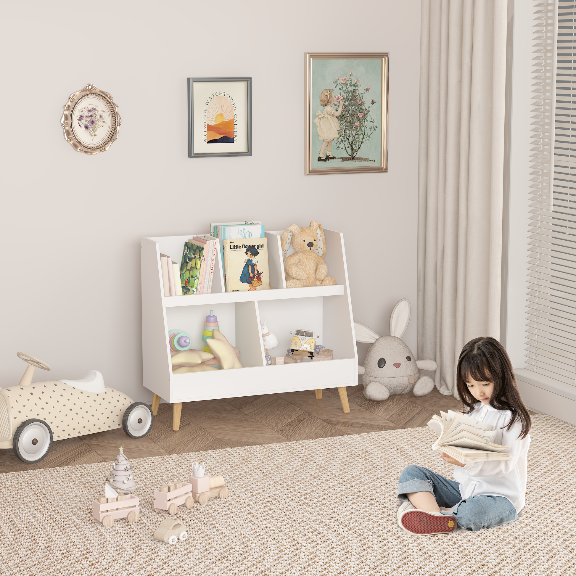 White wooden kids bookshelf filled with toys and books