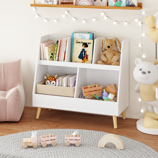 White modern toy organizer shelf with books and stuffed animals