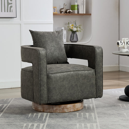 Swivel armchair in distressed grey faux leather with wooden base