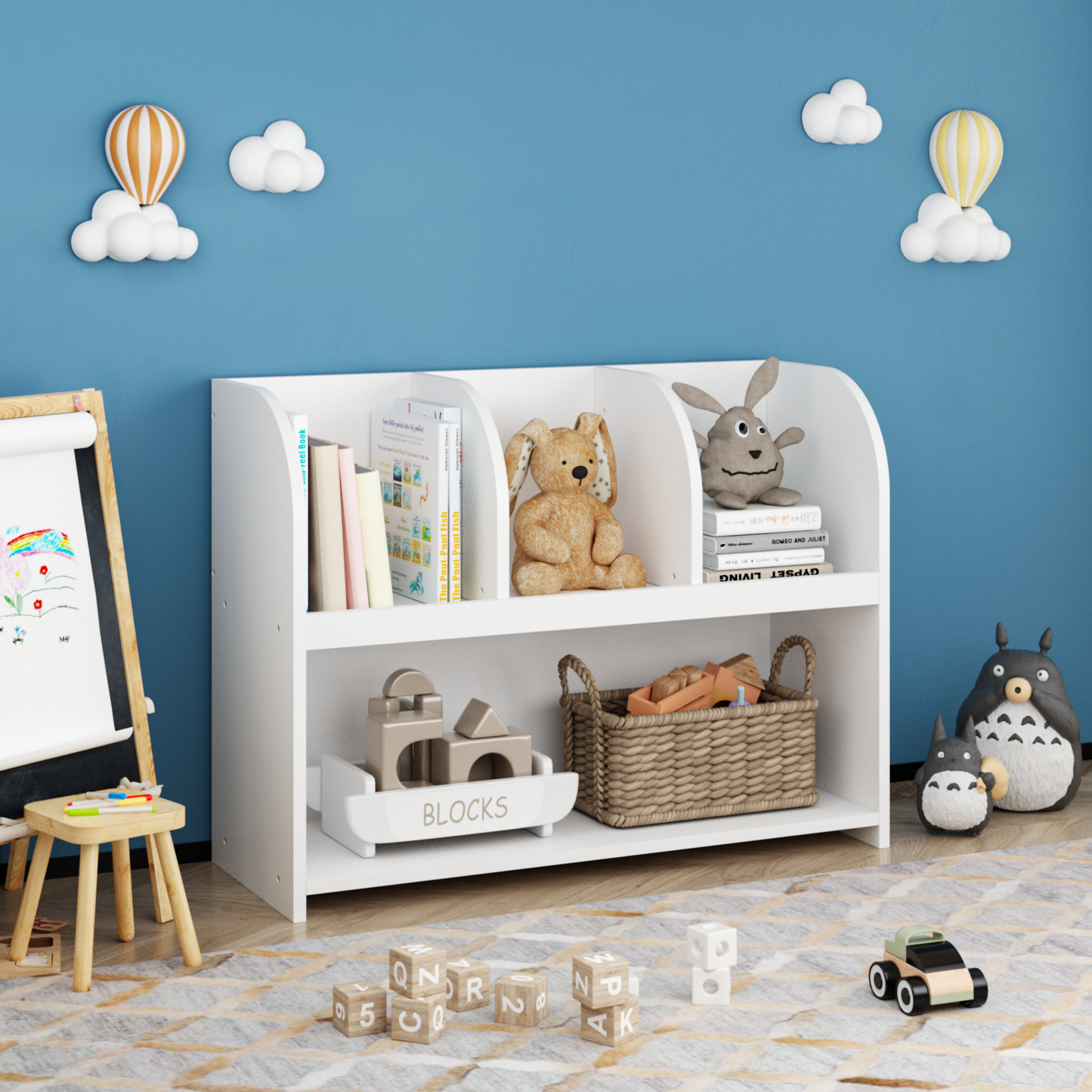 White modern kids bookshelf with rounded corners and  compartments