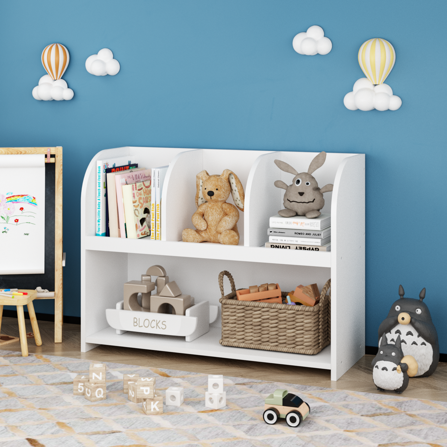 White multicompartment bookshelf with toys and books for kids