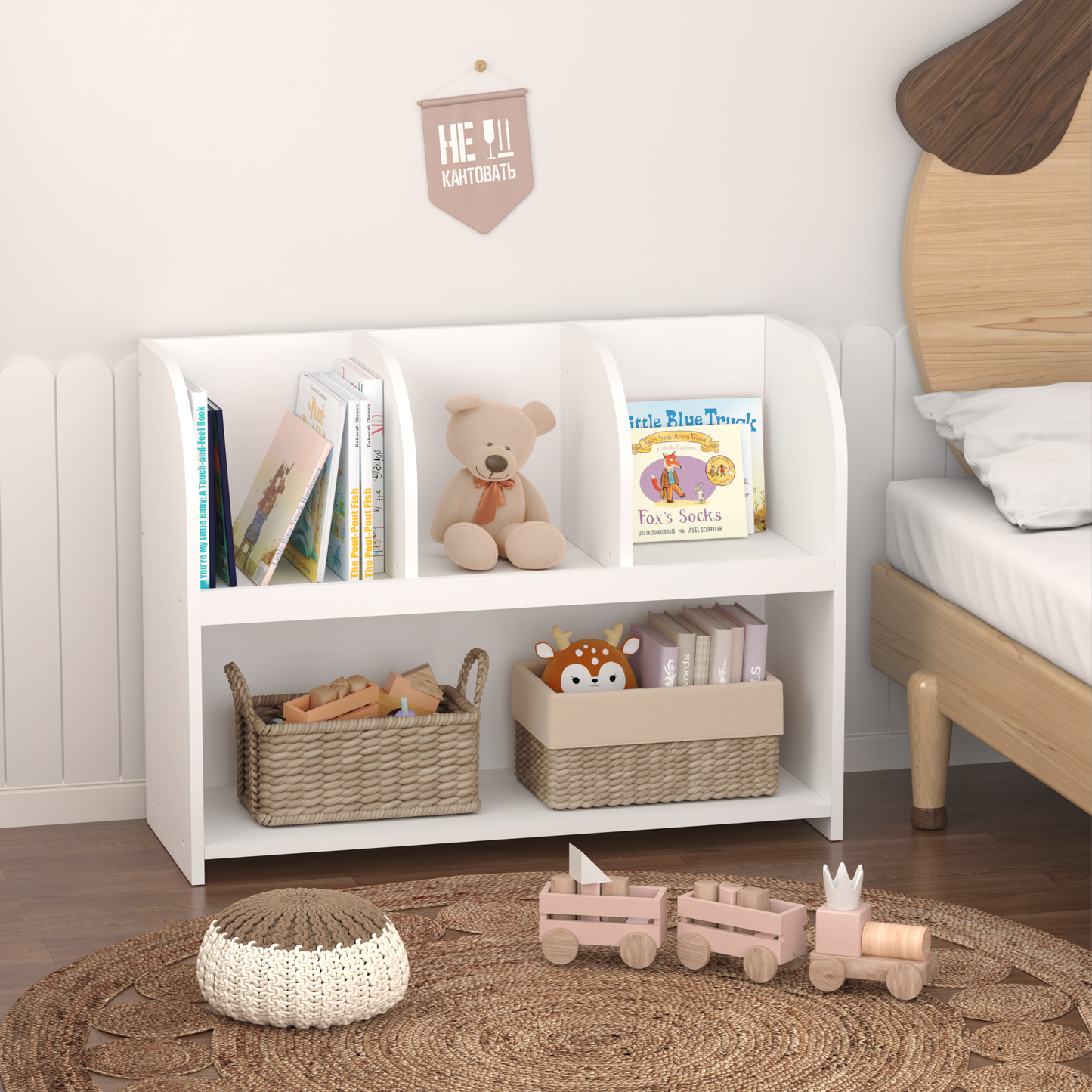 White minimalist kids bookshelf with childrens books and toys