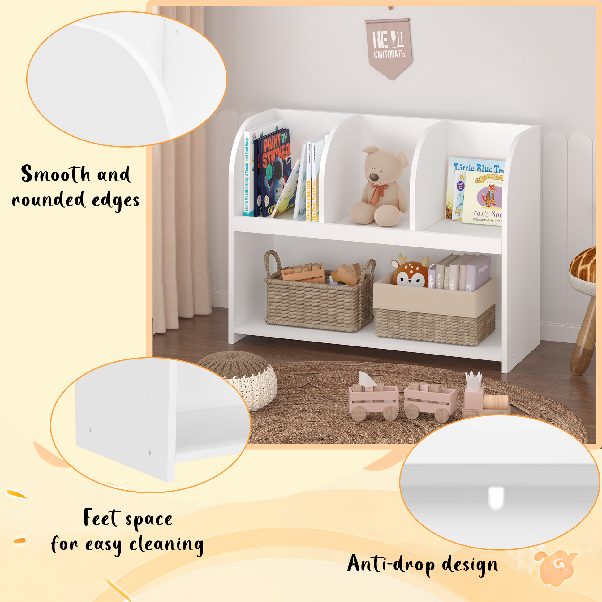 White childrens bookshelf with rounded edges and smooth finish for safety