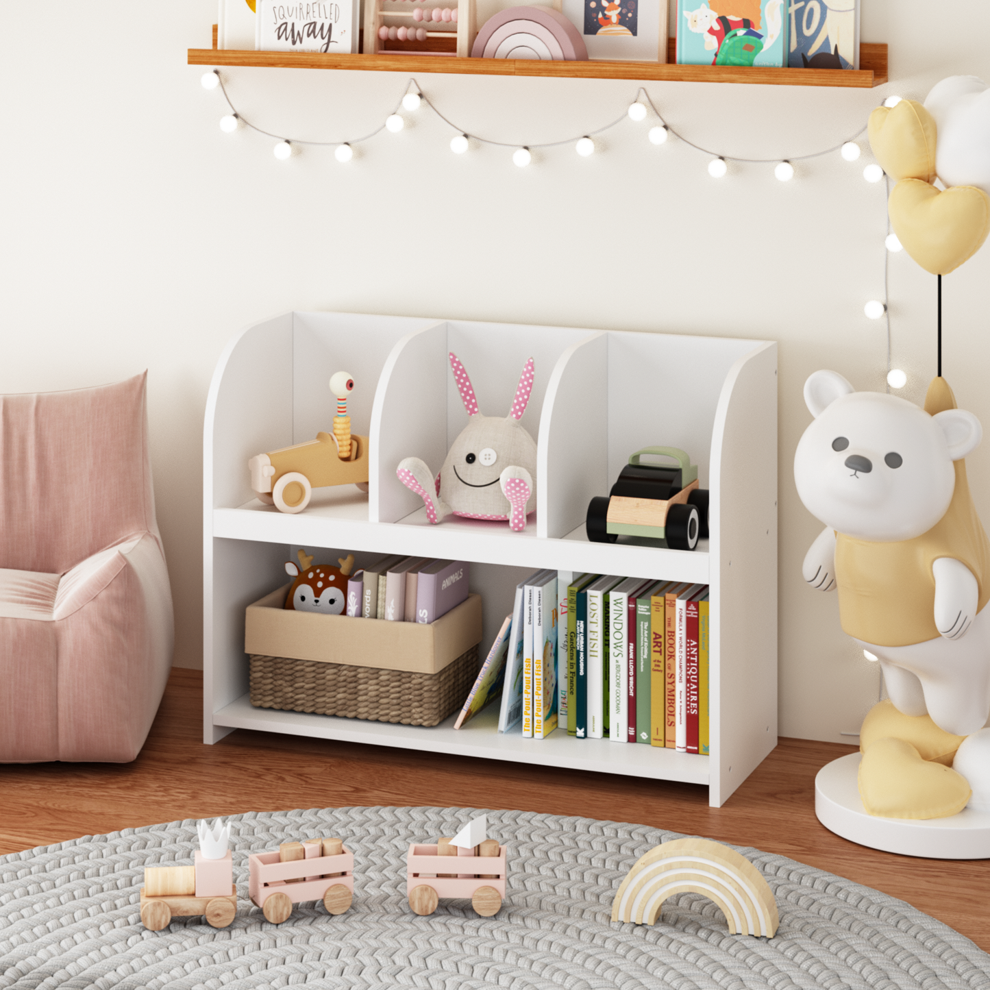 White modern kids bookshelf with toys