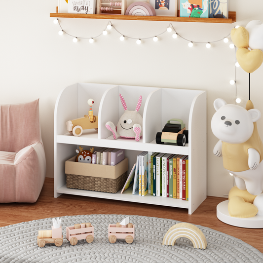 White modern kids bookshelf with toys