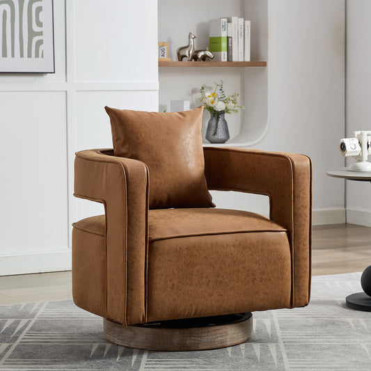 Tan faux leather swivel accent chair with square arms and removable cushion
