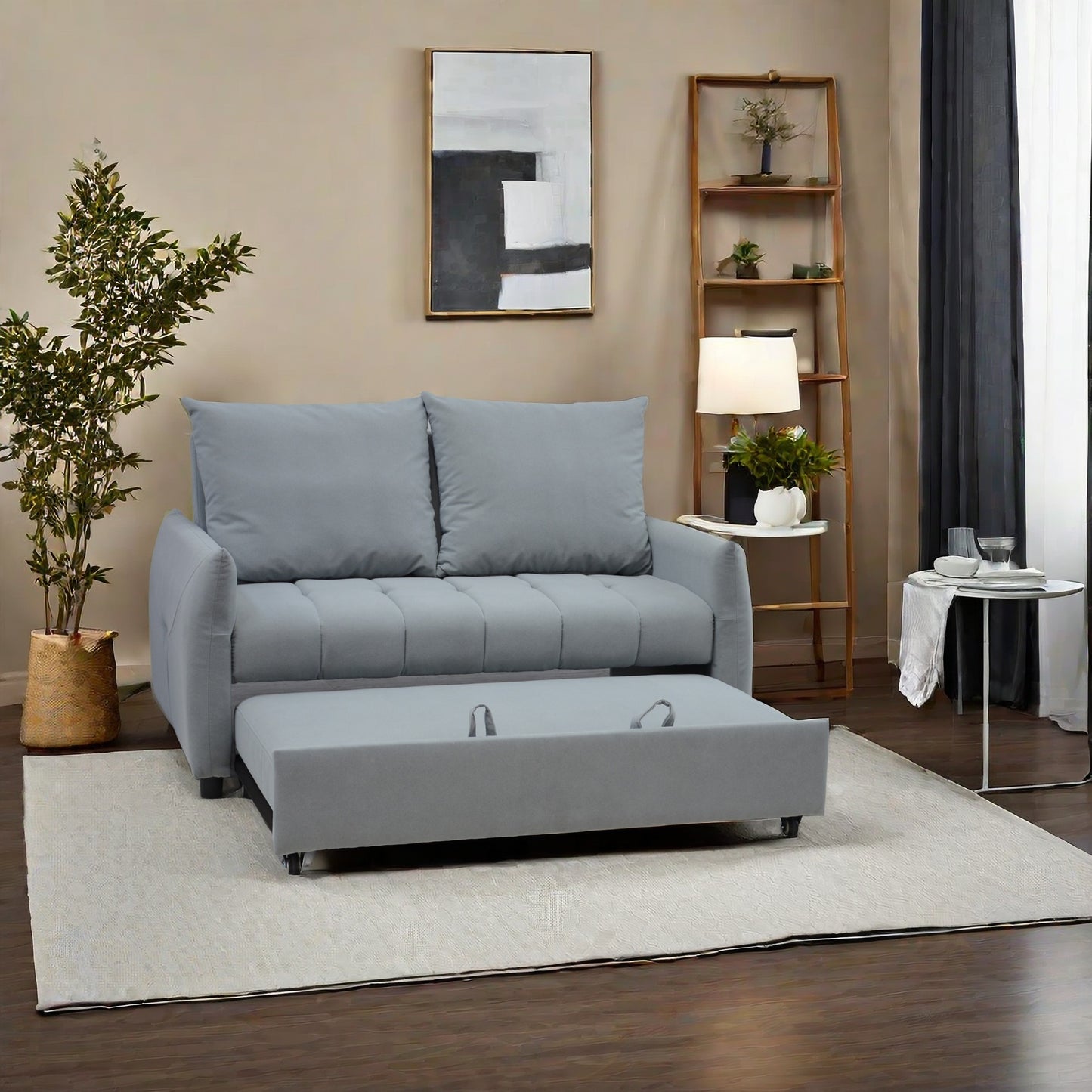 Light gray sofa bed with pullout ottoman and storage