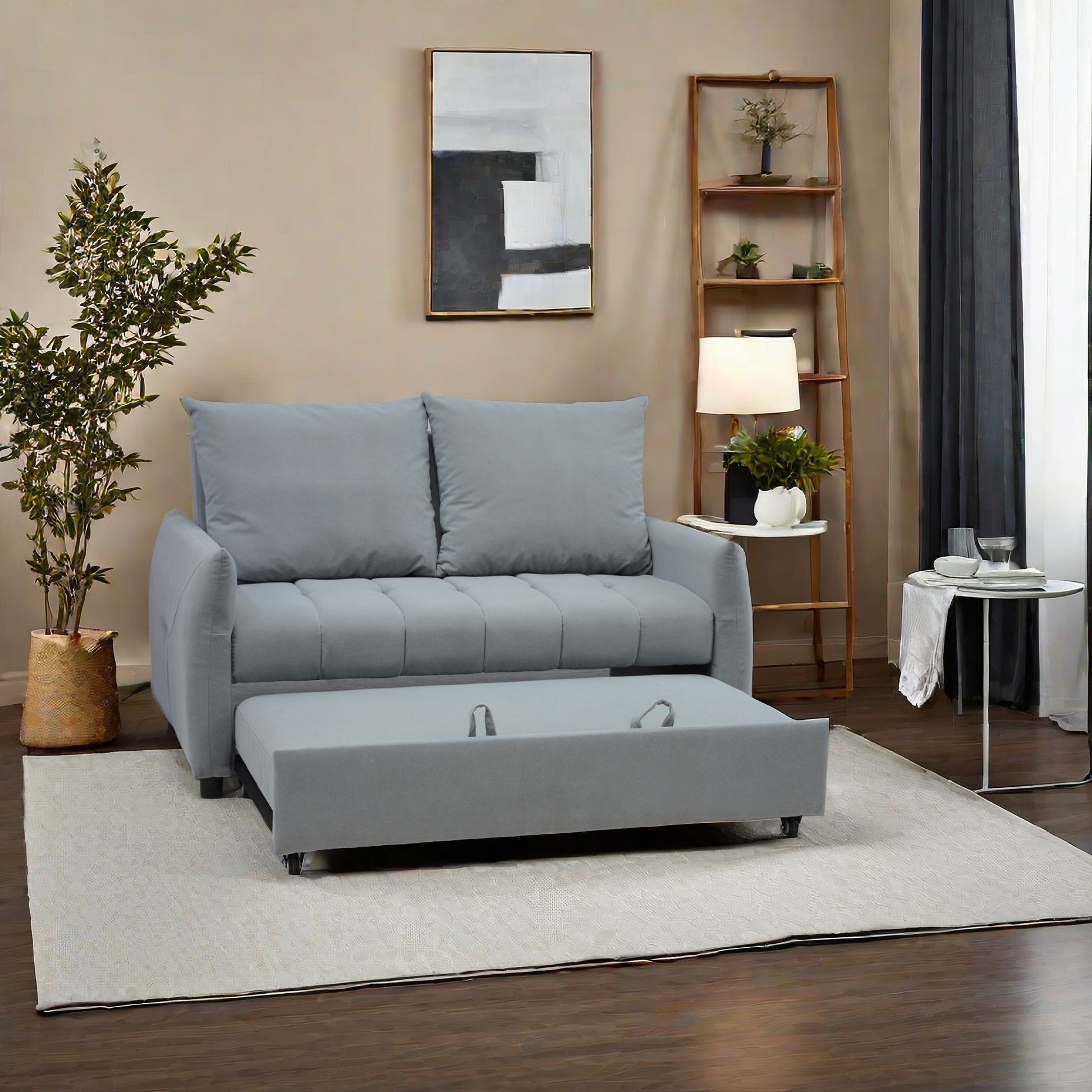 Light gray sofa bed with pullout ottoman and storage