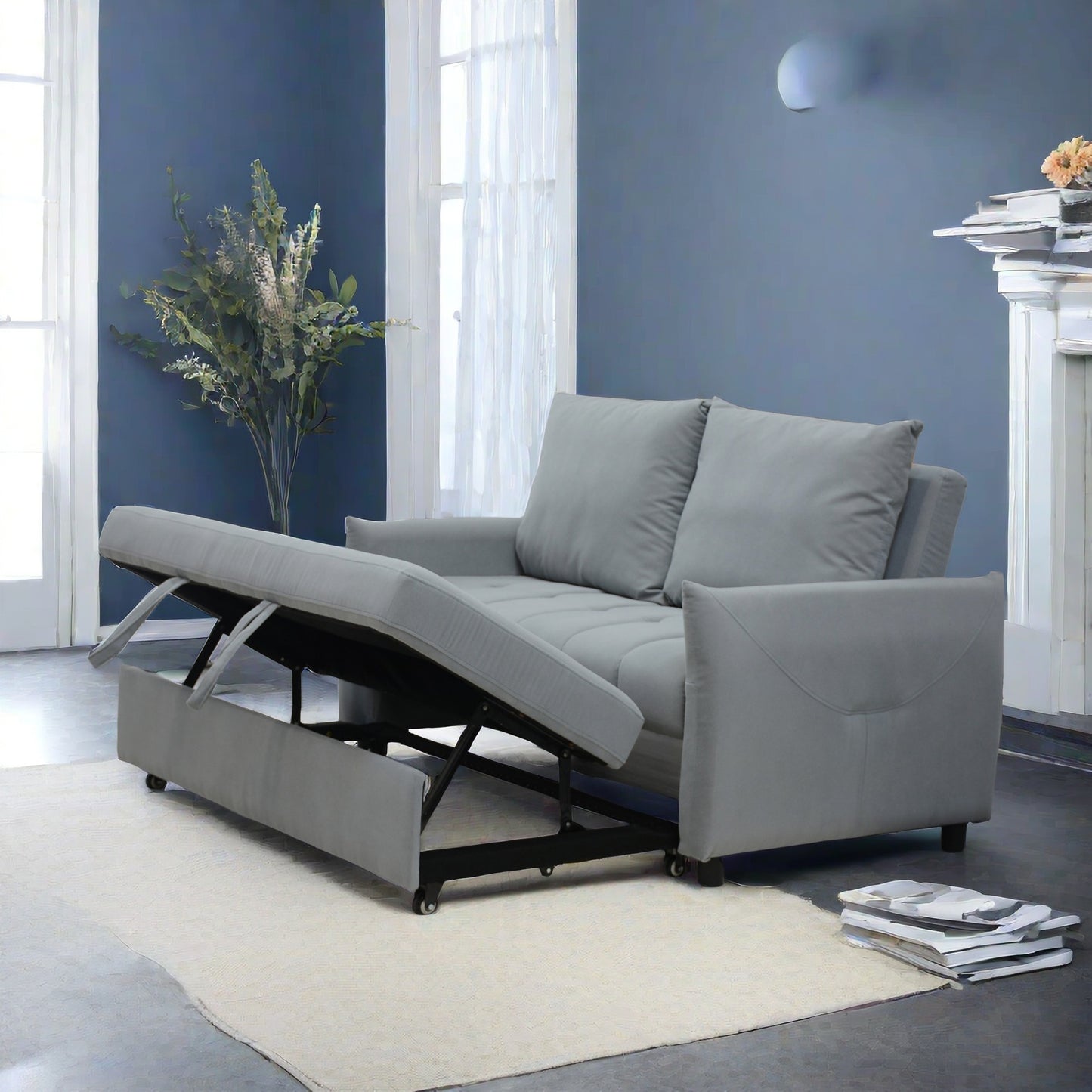 Gray fabric sofa bed with pullout storage