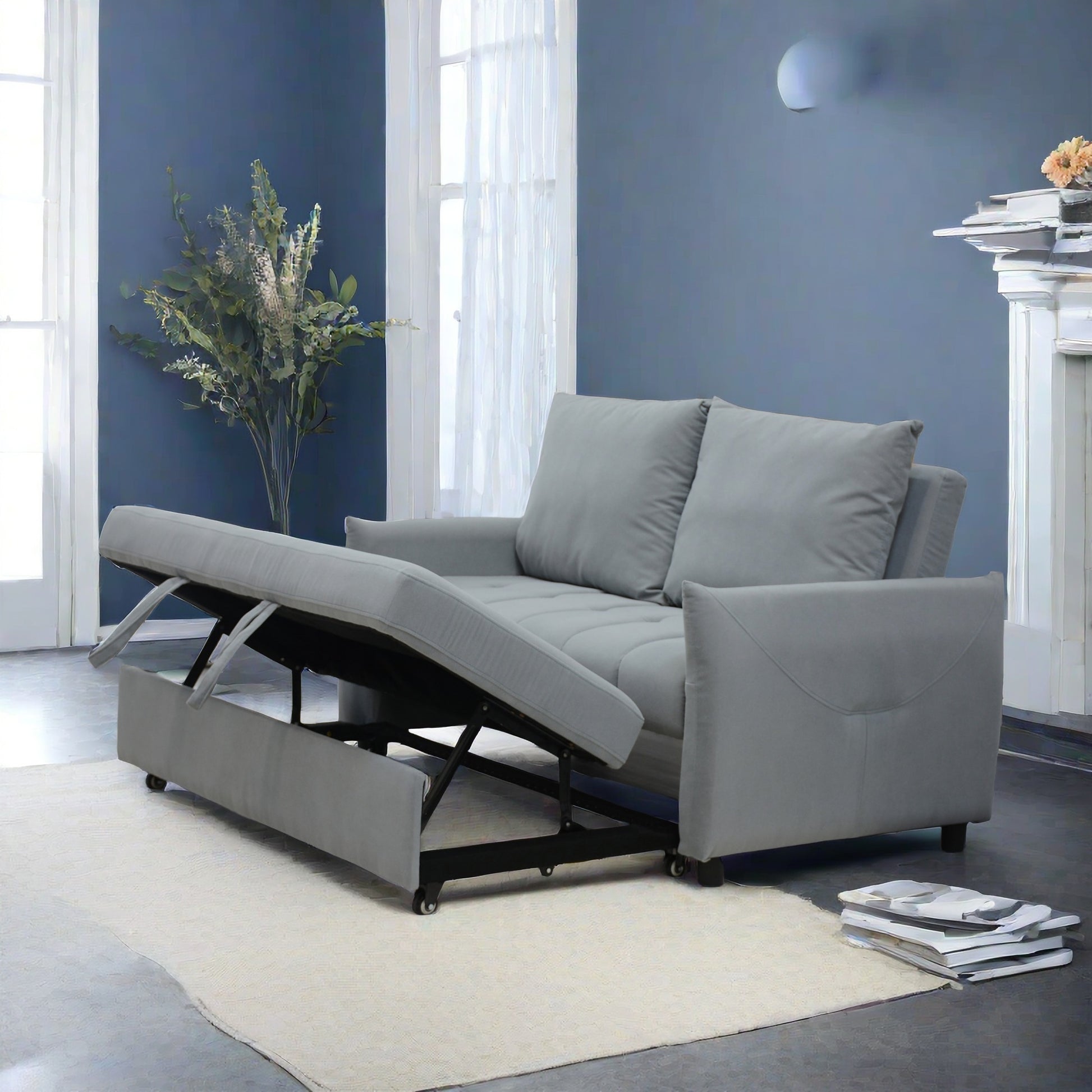 Gray fabric sofa bed with pullout storage