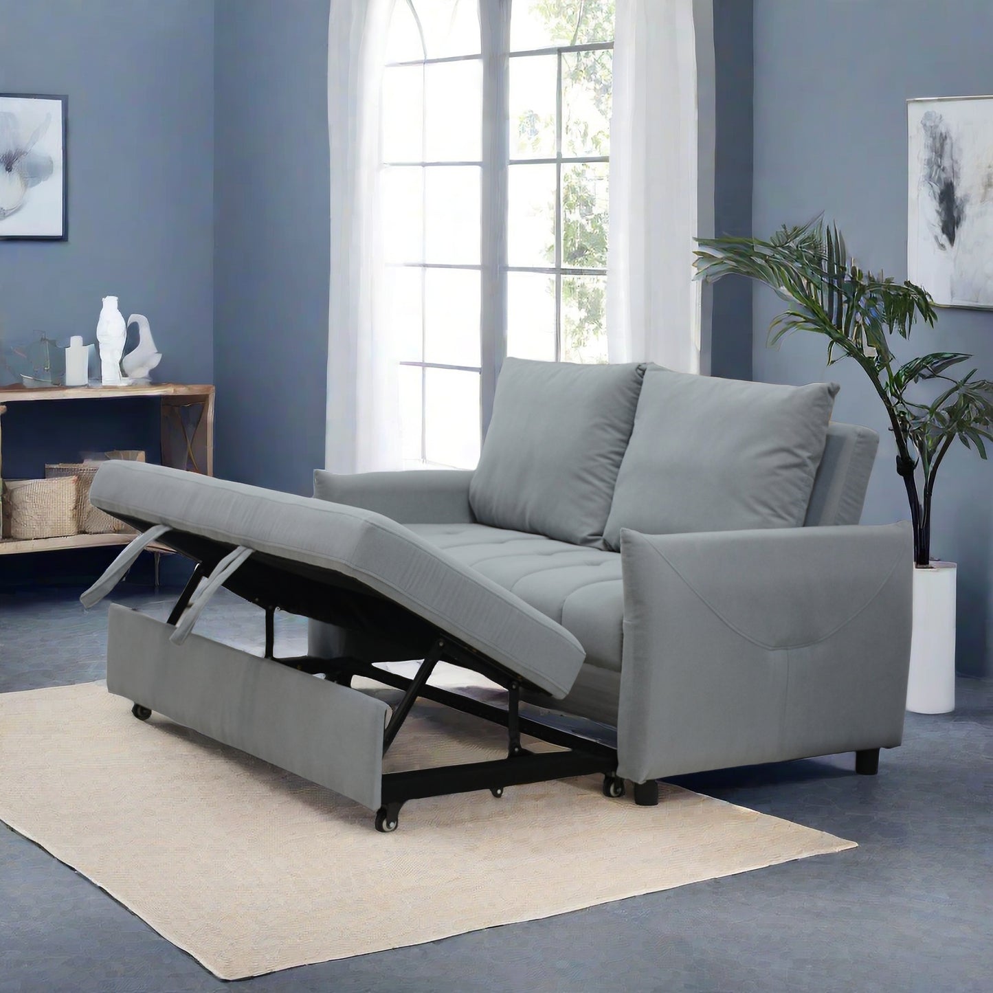Gray convertible sofa bed with hidden storage compartment open