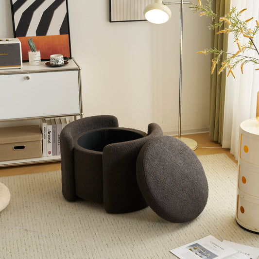 Dark gray teddy bear fabric storage ottoman with lid open