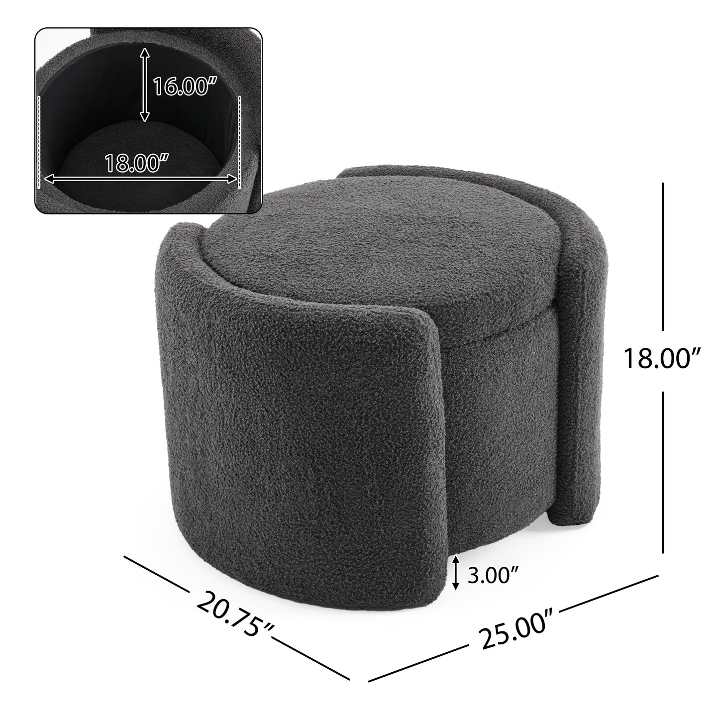 Dark gray textured fabric ottoman with curved sides and storage