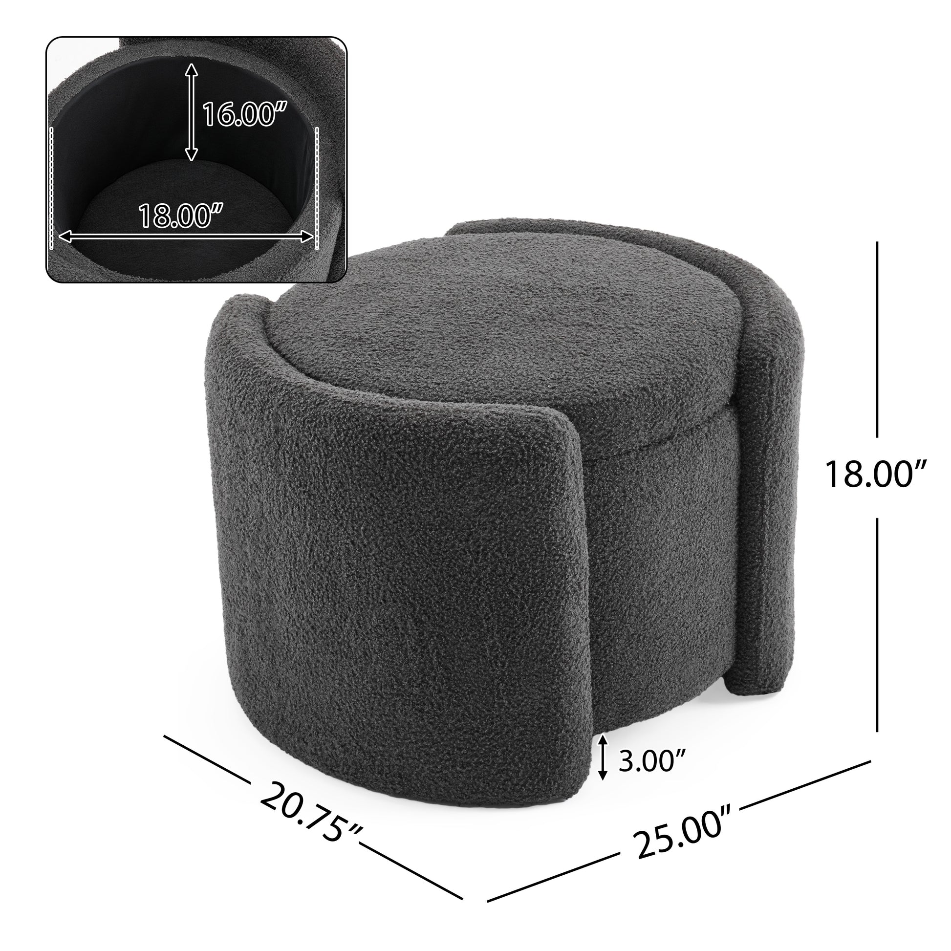 Dark gray textured fabric ottoman with curved sides and storage