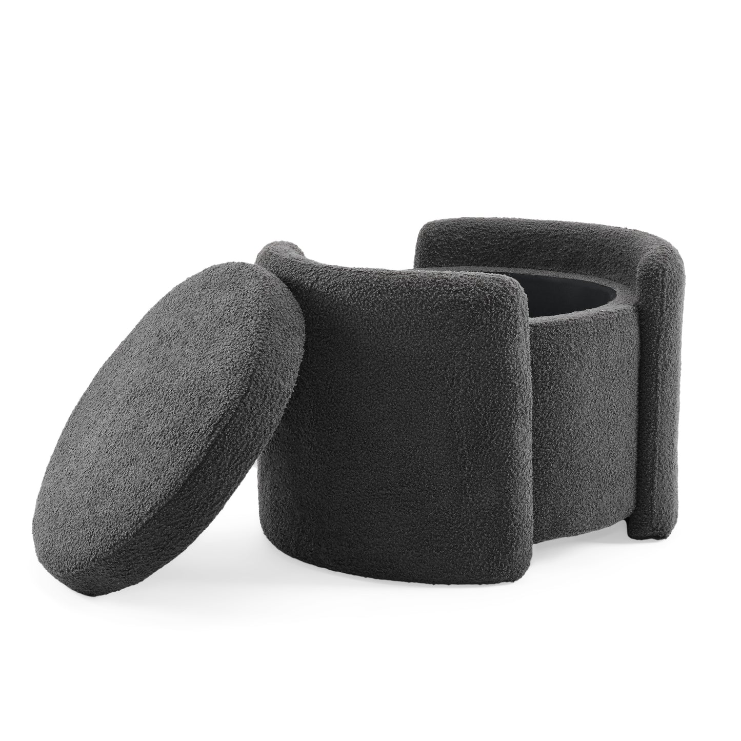 Dark grey boucle storage ottoman with lid open