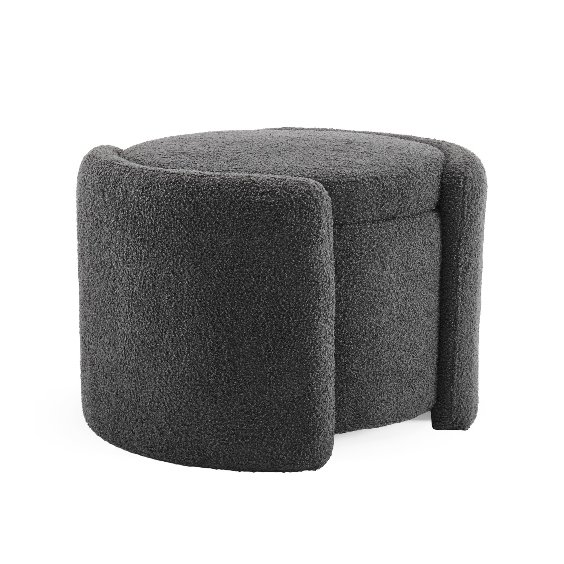 Dark grey boucl fabric ottoman with curved sides perfect for living room seating