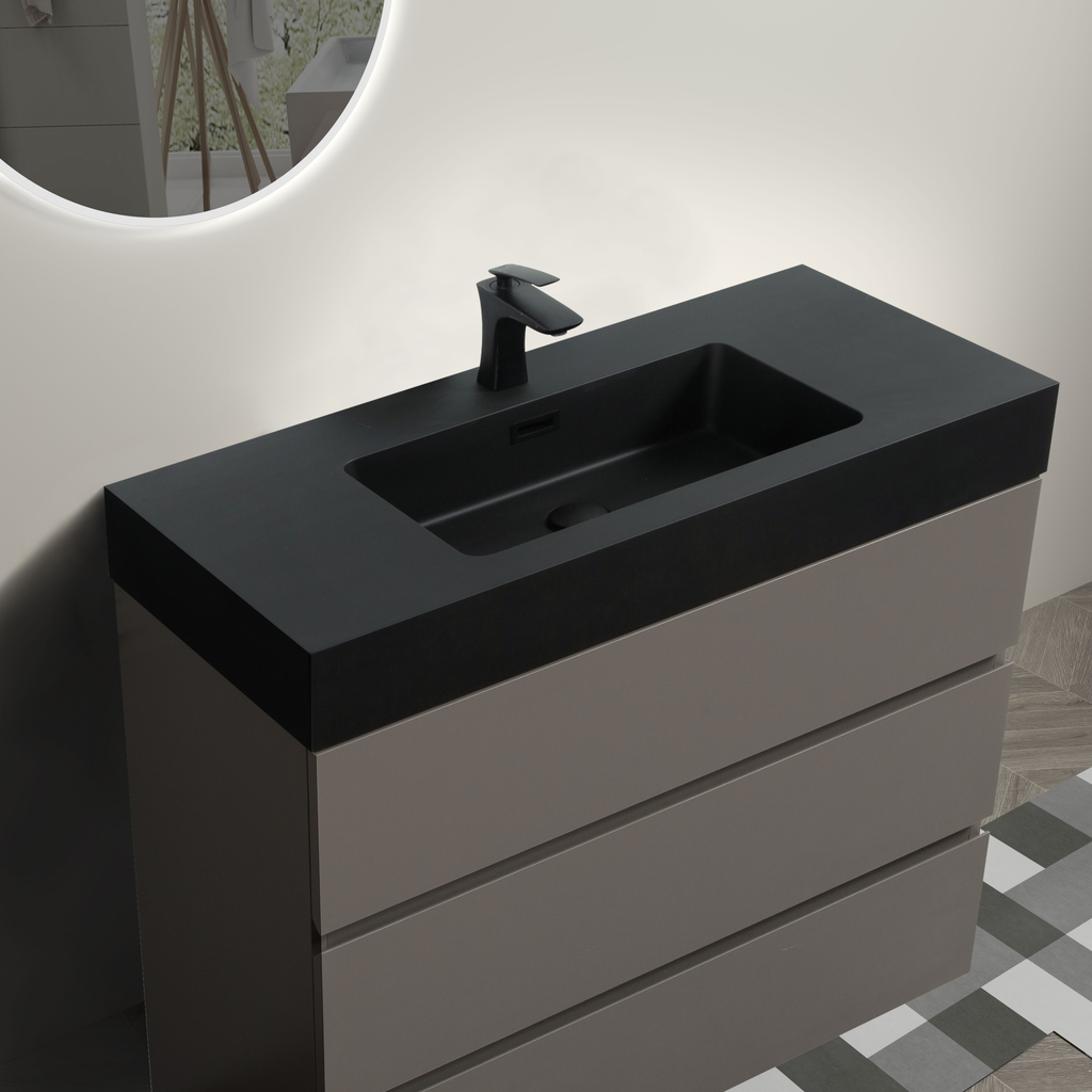 Modern gray vanity with black integrated sink and matte black faucet