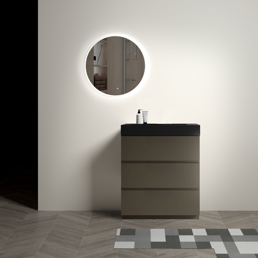Modern grey bathroom vanity with three drawers and black countertop