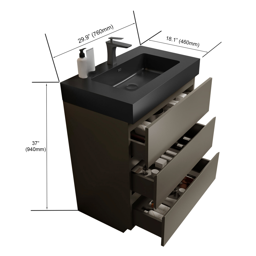 Modern charcoal bathroom vanity with integrated black sink and three drawers showcasing storage