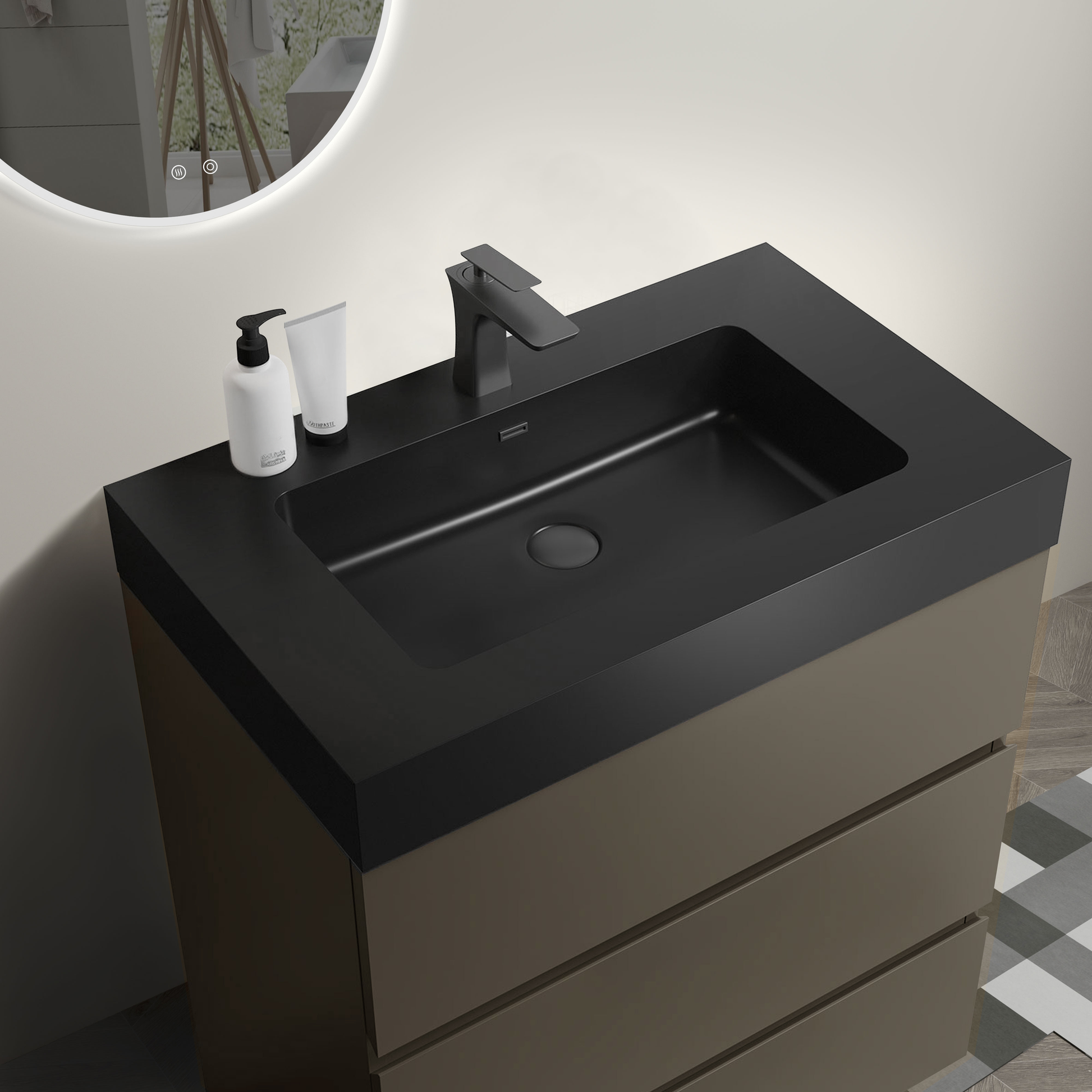 Modern matte black bathroom vanity with integrated sink and chrome faucet