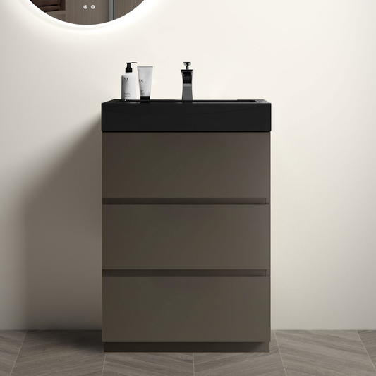Modern grey bathroom vanity with a black countertop and integrated sink