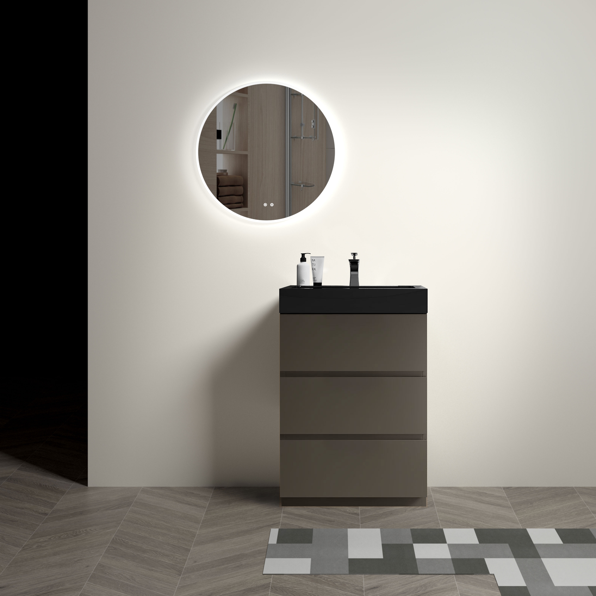 Modern gray bathroom vanity with three drawers and black countertop