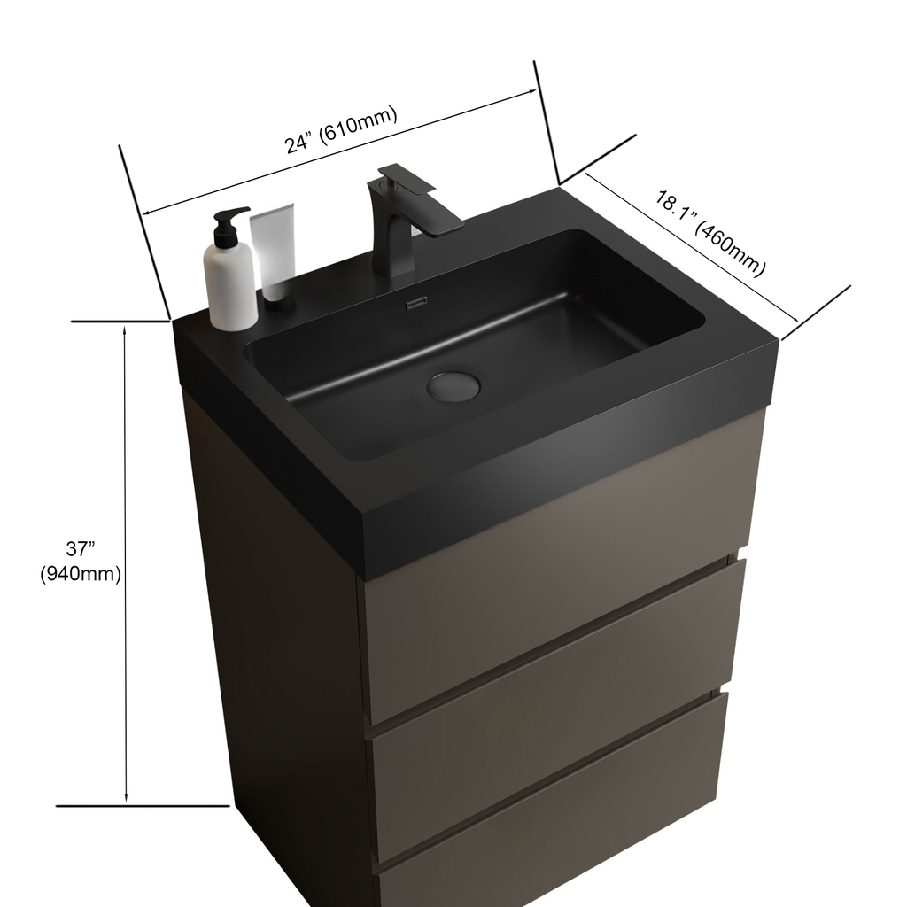 Modern inch black single vanity with matte black sink and faucet