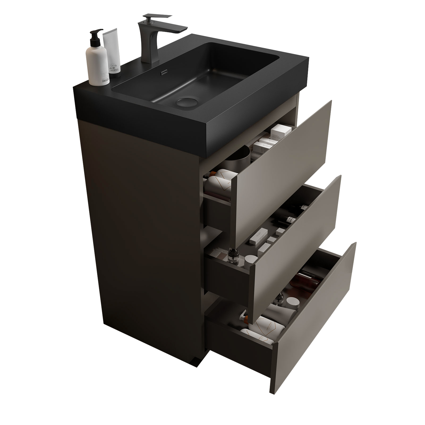 Modern dark grey vanity with black sink and faucet