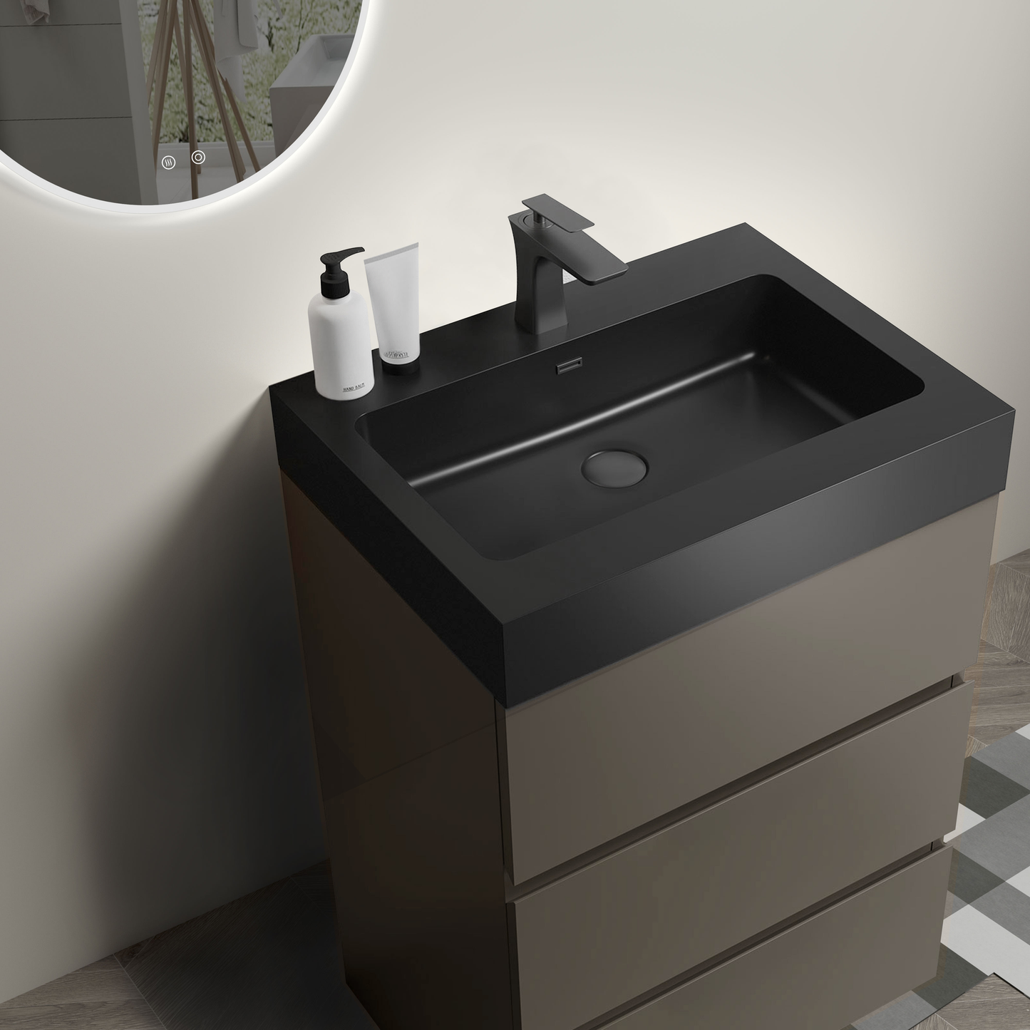 Modern black bathroom vanity with sleek drawers and a dark sink basin