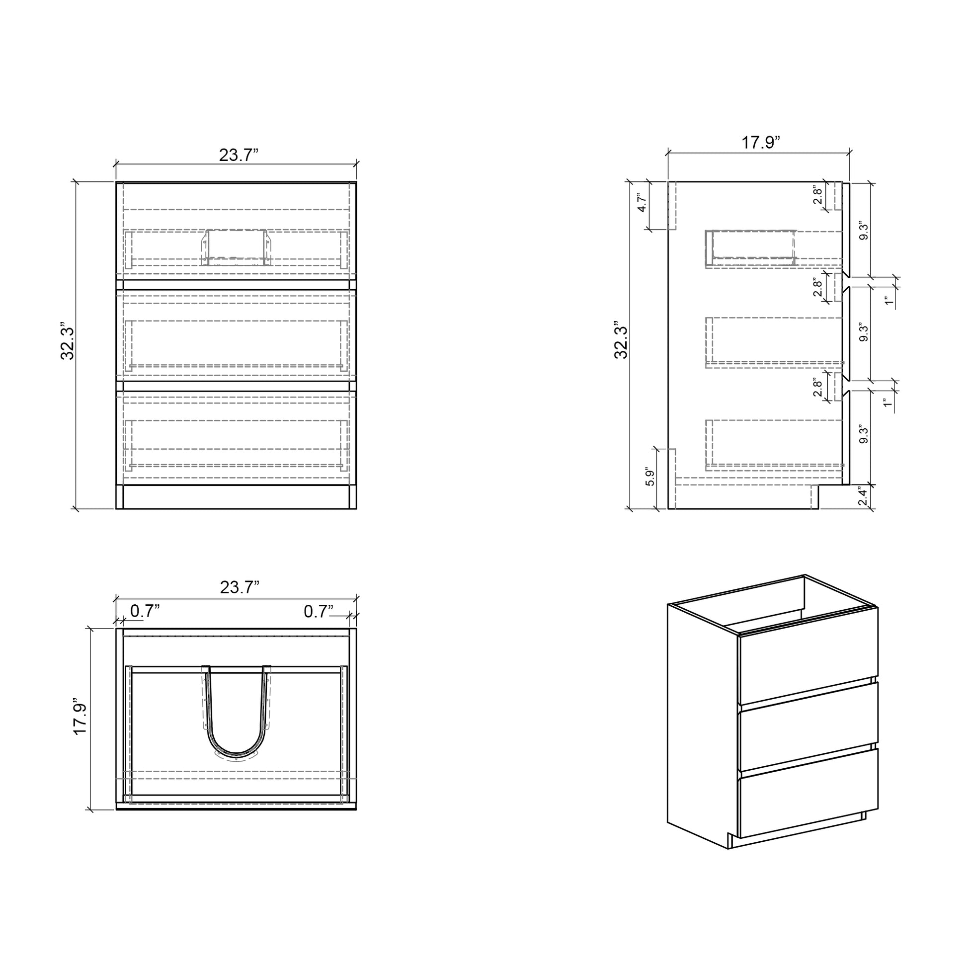 Technical drawing of a inch wide cabinet with three drawers