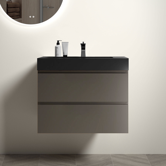 Wallmounted bathroom vanity in charcoal and taupe with two drawers and black countertop