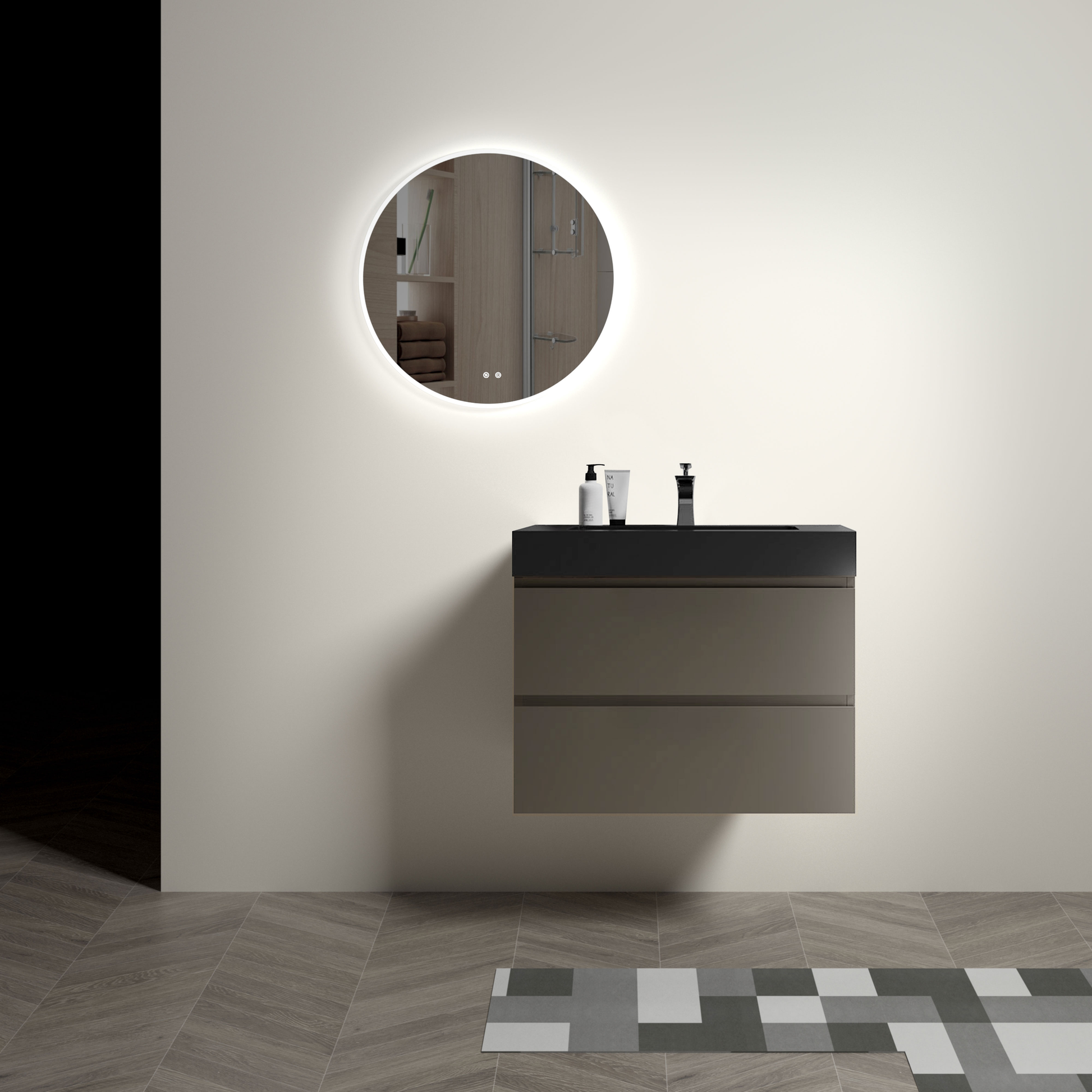 Modern wallmounted bathroom vanity with dark countertop and two drawers
