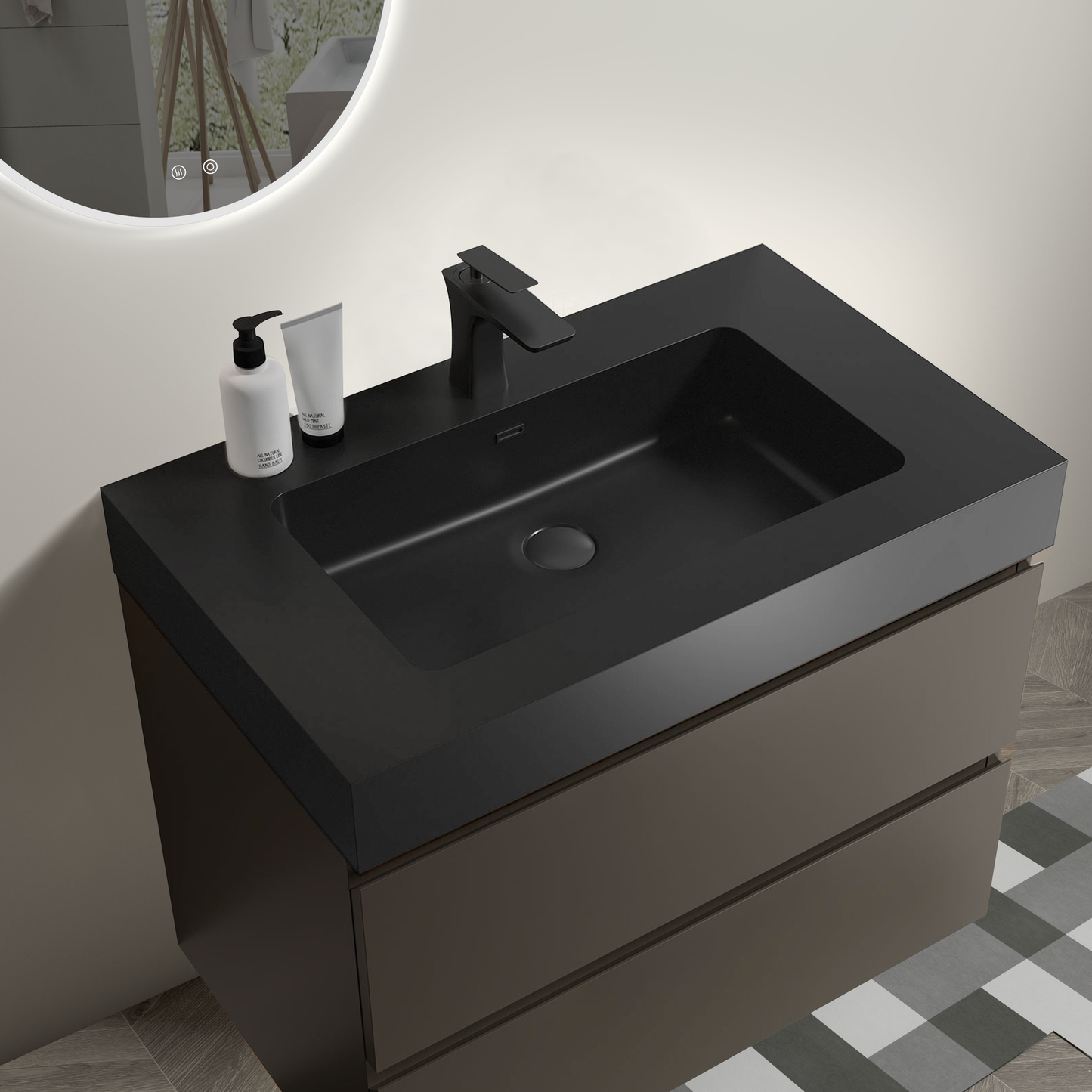 Modern black composite bathroom sink with matte black faucet and brown vanity