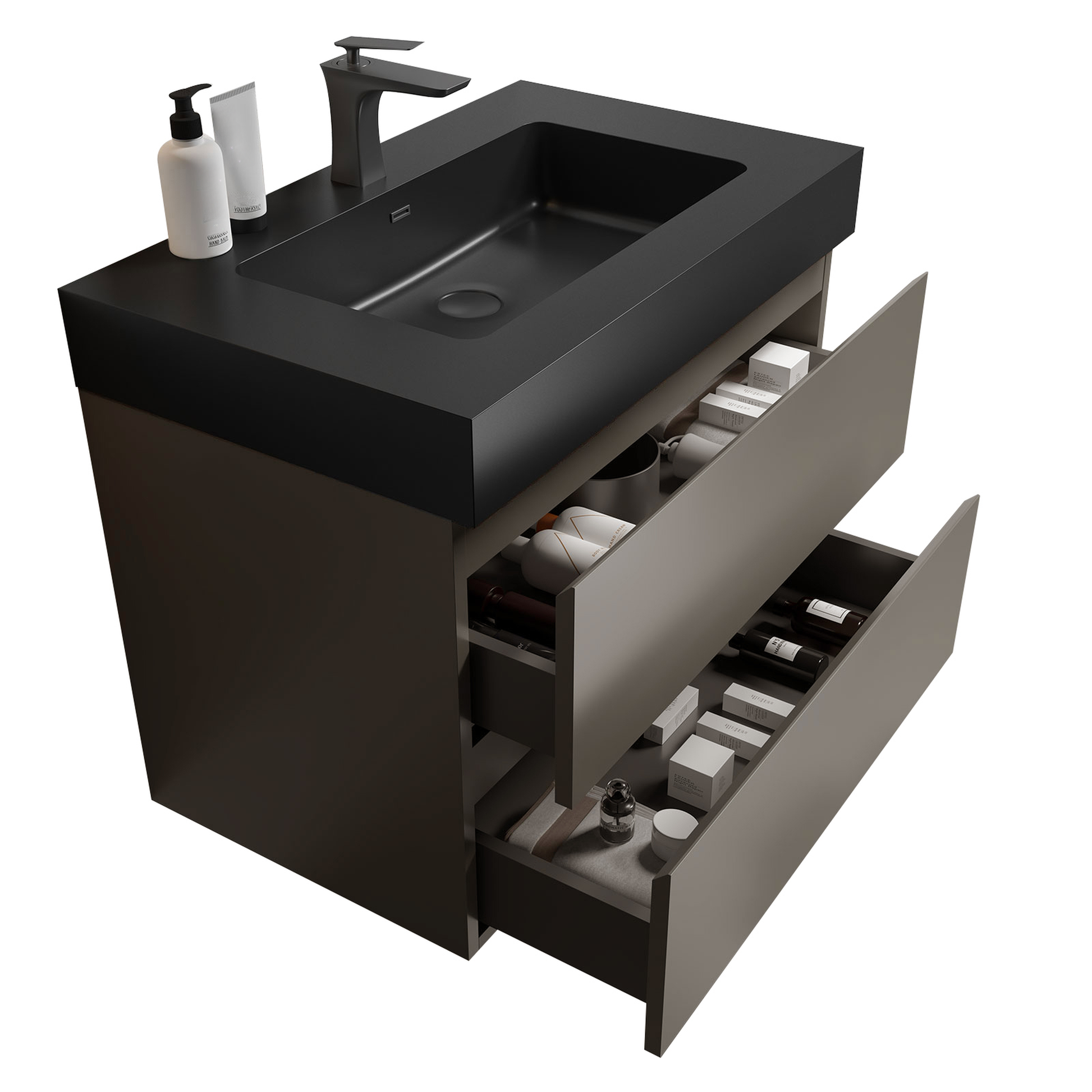 Modern dark gray vanity with integrated black sink and matte black faucet