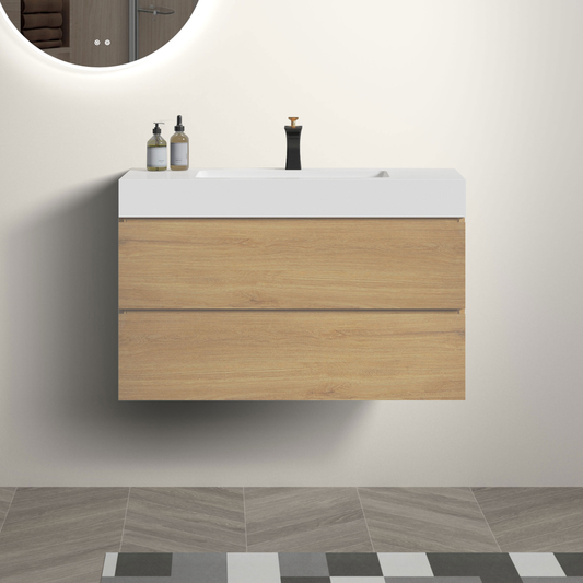 Modern oak wood vanity with white integrated sink and black faucet