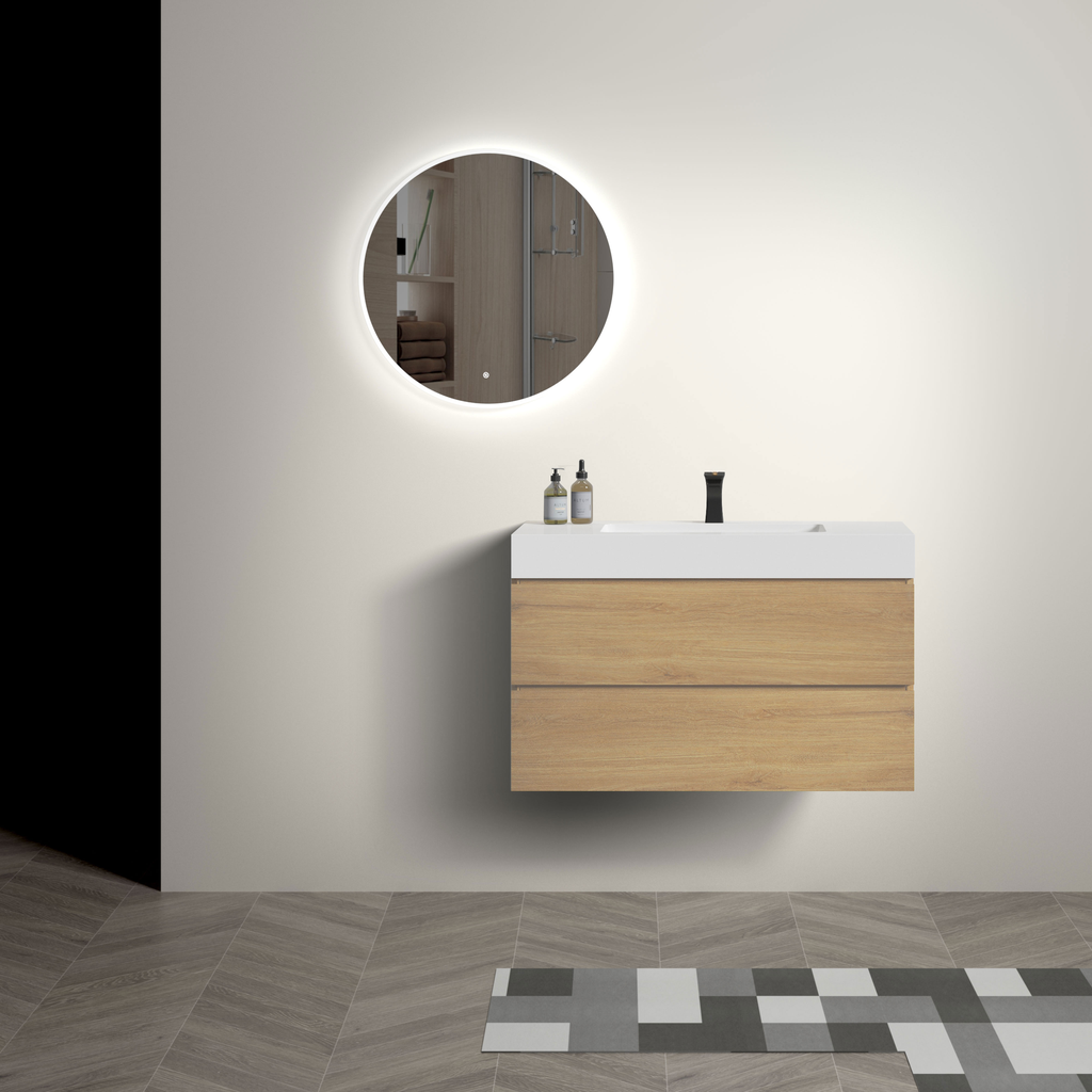 Modern woodgrain bathroom vanity with white countertop and black faucet