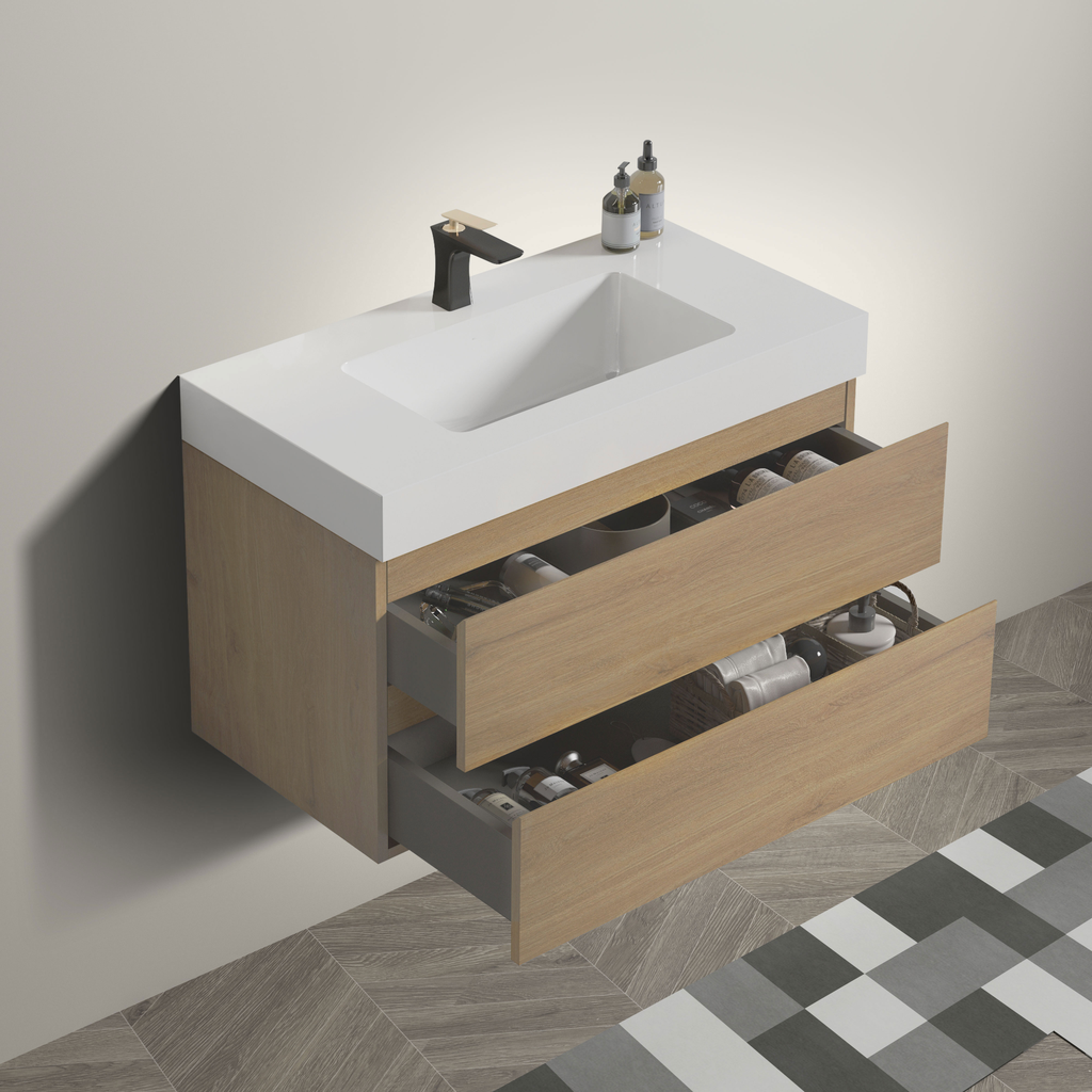 Wallmounted oak bathroom vanity with white composite sink and black faucet