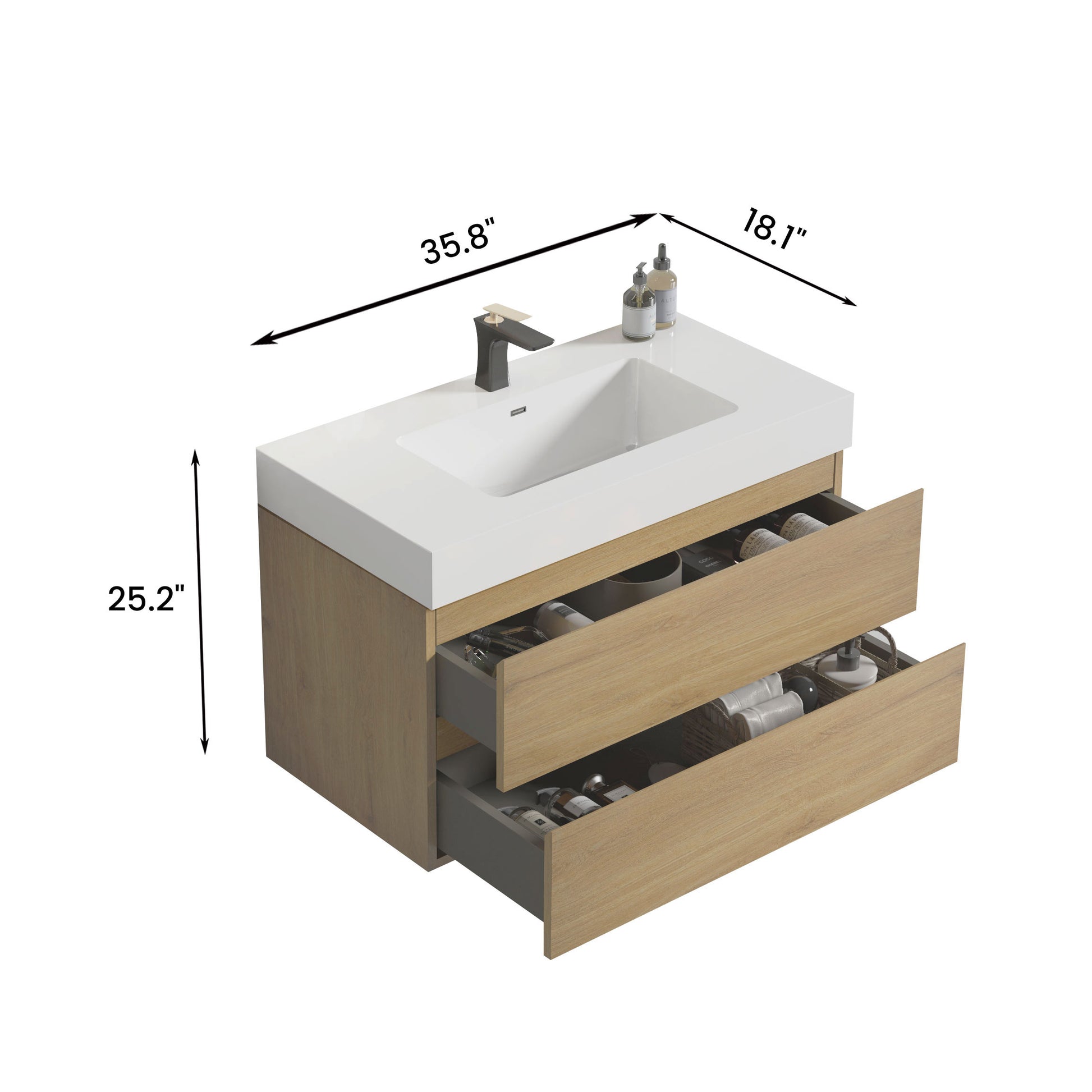 Modern oak finish inch bathroom vanity with white integrated sink and two deep drawers