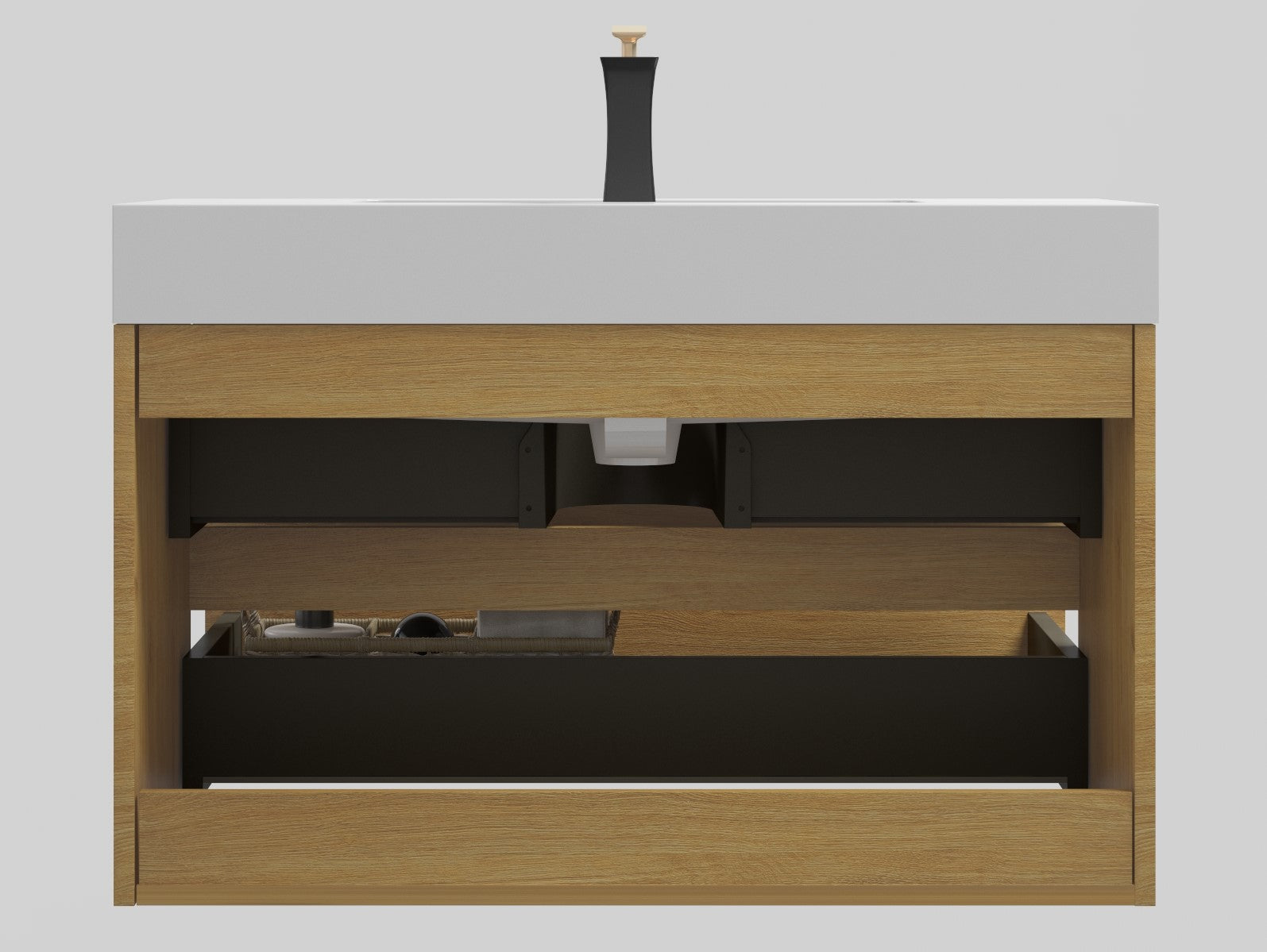Modern oak bathroom vanity with white integrated sink and black accents