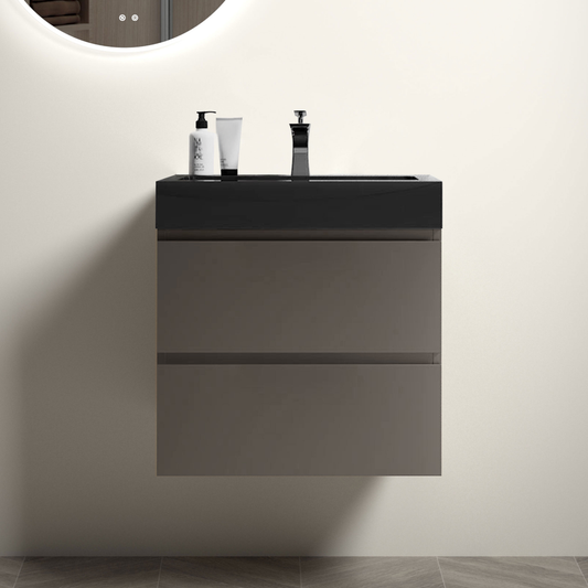 Modern wallmounted bathroom vanity with two grey drawers and black countertop