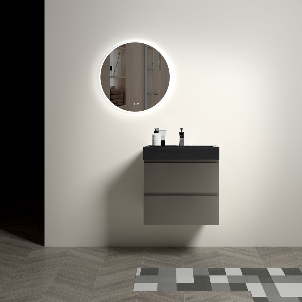 Modern floating vanity with two drawers and black countertop