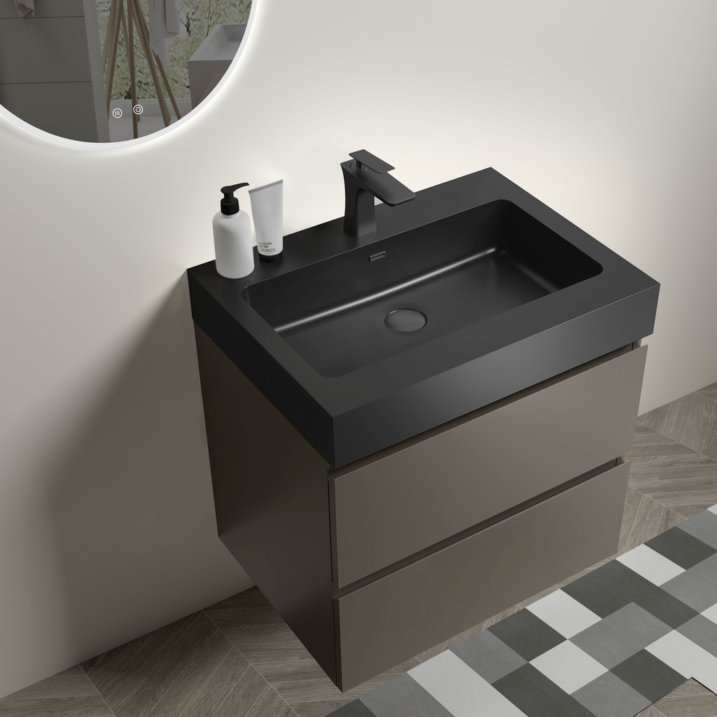 Modern black composite sink with matte finish and brown vanity drawers