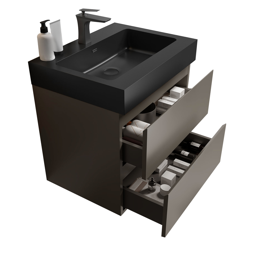 Modern bathroom vanity with black basin and two grey drawers