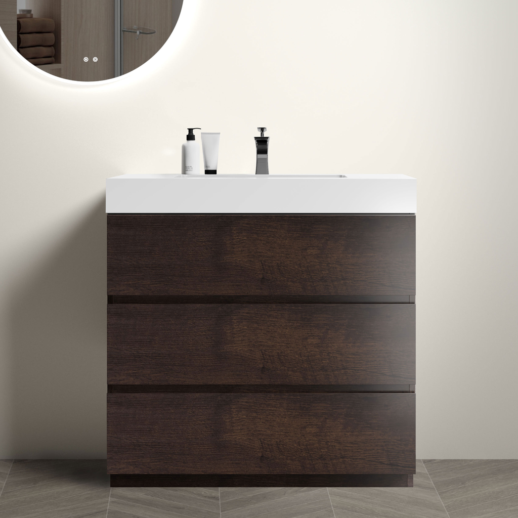 Modern dark wood bathroom vanity with white integrated sink and chrome faucet