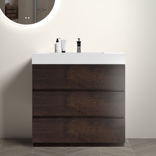 Modern dark wood bathroom vanity with white integrated sink and chrome faucet
