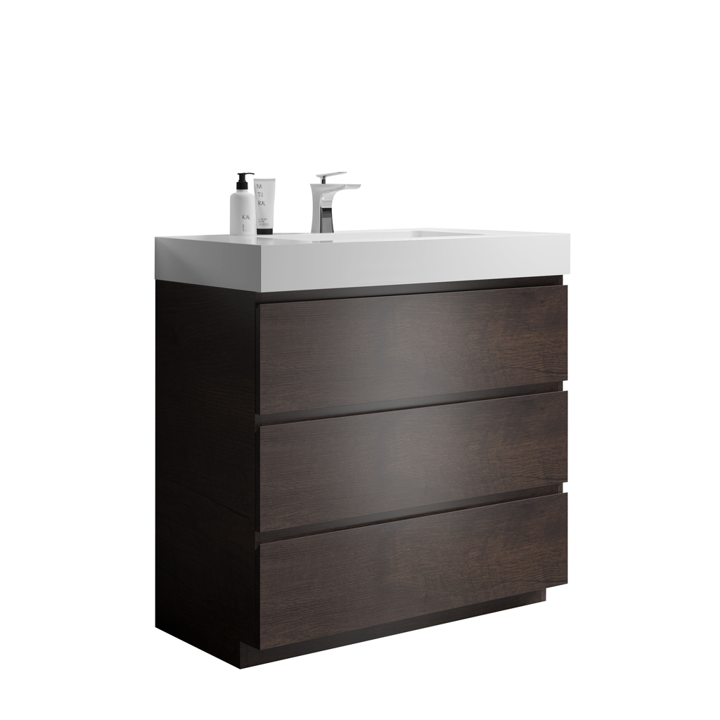 Modern espresso vanity with white integrated sink and chrome faucet