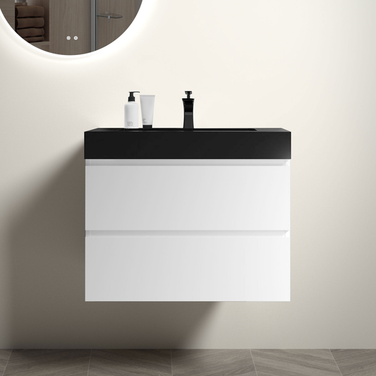 Floating white vanity with black top and modern black faucet